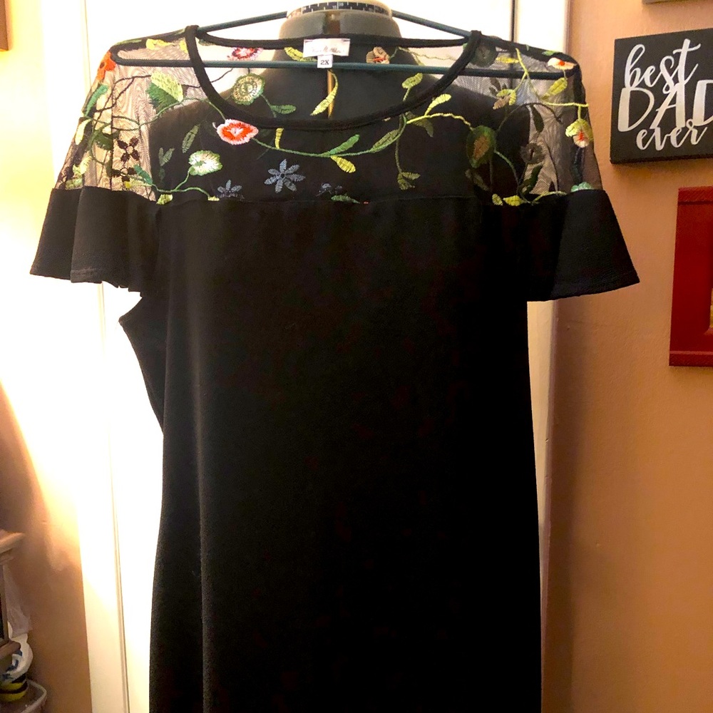 Black shift dress with Embroidery detailed sheer top